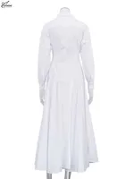 Oymimi Elegant White Lapel Women's Dress Fashion Three Quarter Sleeve Pockets Dresses Casual Button Pleated Ankle-Length Dresses - Image 6