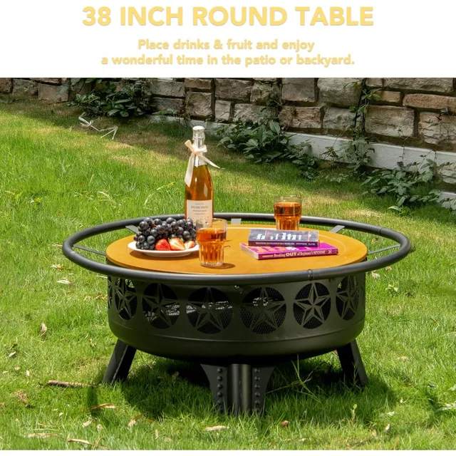 Outdoor 38 Wood Burning Fire Pit with Grill, Spark Screen, and Fire Poker, Swivel C Table for Backyard Entertainment 3