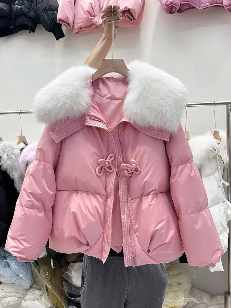 

Women Hooded Coat Windproof Belted Thick Belted Fur Collar Solid Zippers Warm New Fashion Clothing Loose 90% White Duck Down