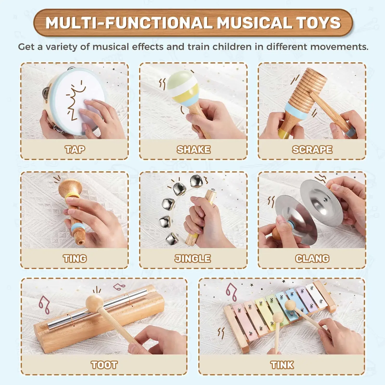 Pogolab Wooden Xylophone Drum Set Tambourine Maraca Xylophone Cymbal Hand Bells Chime Bar Percussion Instruments Set for Kids