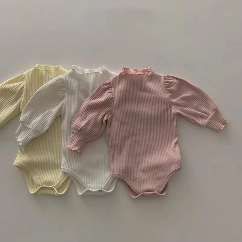 

Fashion Baby Girl Rompers Korean Pink Bubble Sleeve Princess Romper Ribbed Cotton Long Sleeve Jumpsuit Baby Bodysuit Clothes