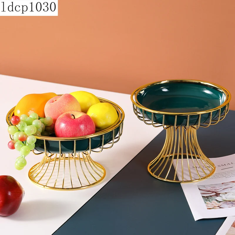 

Ceramic Fruit Plate Household Snack Nut Decoration Plate Round Golden Iron Shelf Living Room Storage Tray Restaurant Supplies