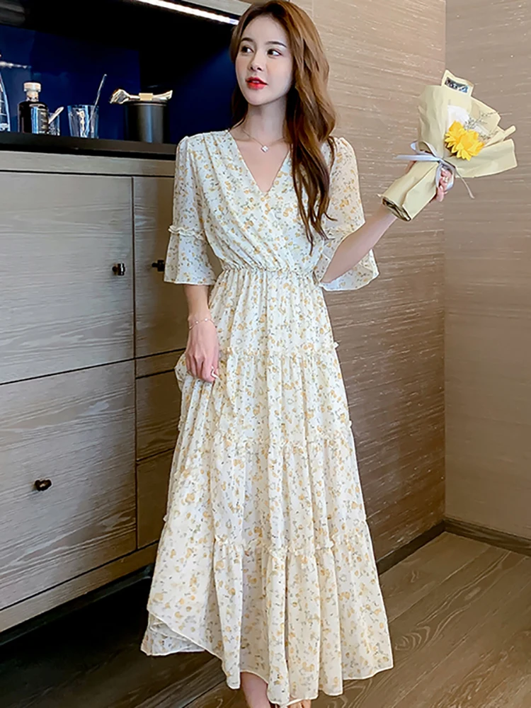 

Boho Floral Chiffon Butterfly Sleeve V-Neck Long Dress for Women 2023 Summer New Korean Fashion Elegant Slim Holiday Party Dress