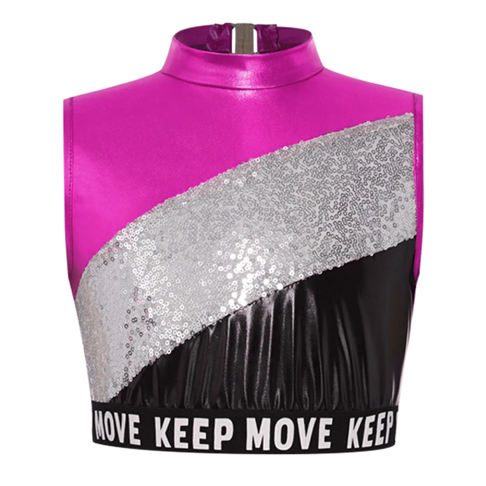 Jazz-Tanzoberteile für Kinder und Mädchen, Hip-Hop-Performance-Kostüm, Buchstabendruck, elastischer Saum, glitzernde Pailletten, Farbblock, metallisches Crop-Top – Detail 22