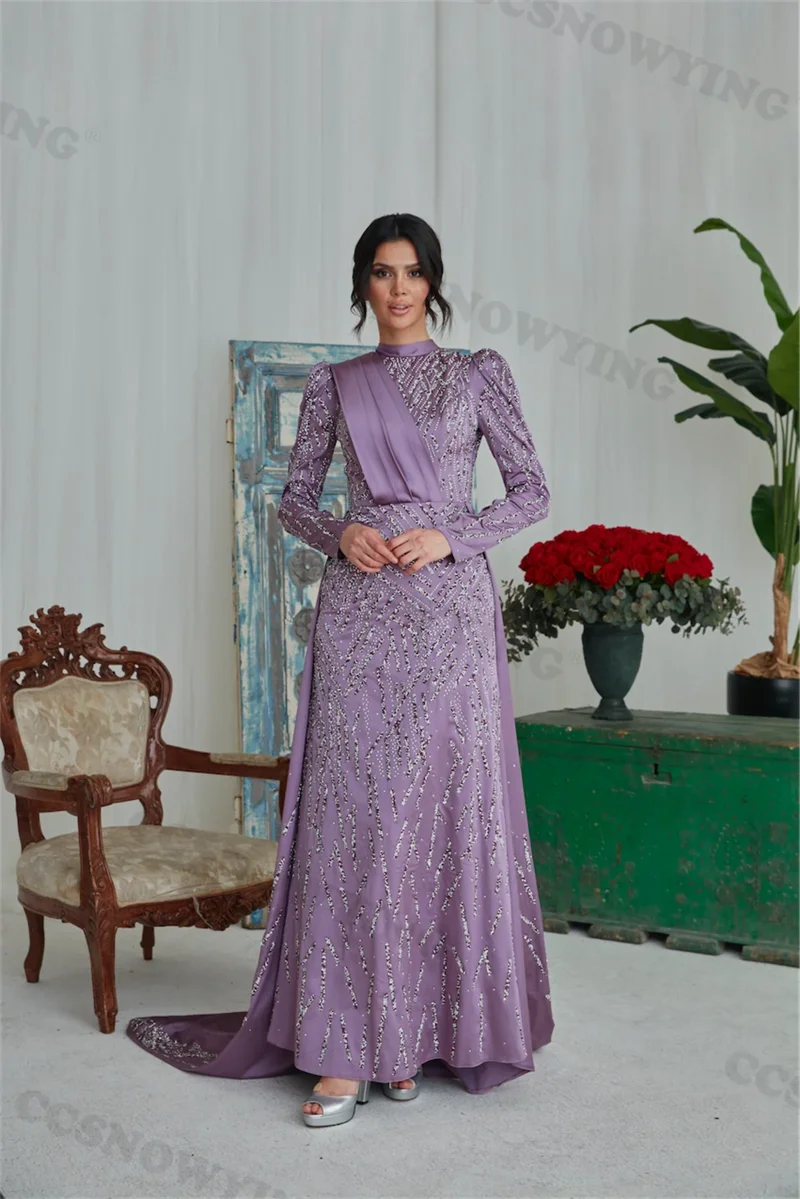 

Elegant Sparkly Sequin Muslim Evening Dresses Long Sleeve Islamic Formal Party Gowns High Neck Women Arabic Robes De Soirée
