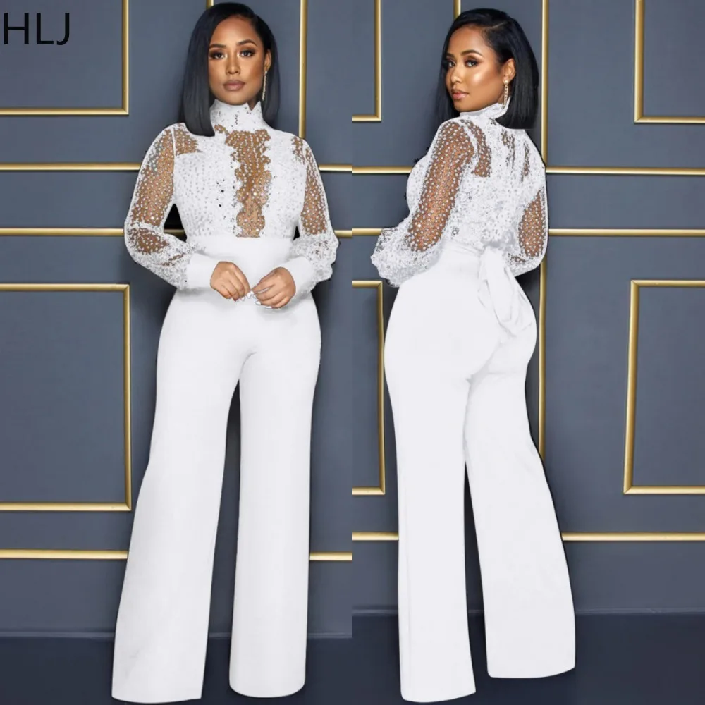 HLJ Sexy Mesh Sequin Perspective Party Club Jumpsuits Women Round Neck Long Sleeve Slim Playsuits Female Solid One Piece Overall