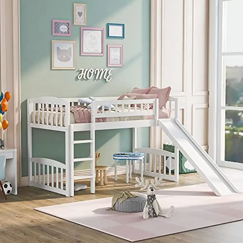 Kids Twin Loft Bed with Slide and Ladder White Pine Wood Low Loft Bed Boys  and Girls Pet Friendly Sturdy Construction Modern - AliExpress, image size:1000x1000