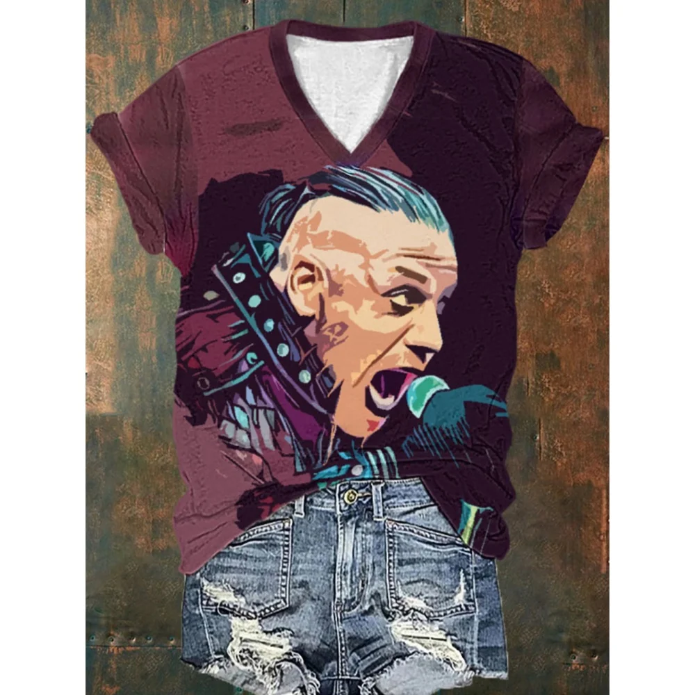 

Cotton Women's T-Shirts Fashion Characters Top Tee 3d Rose T-Shirt Harajuku Casual Short Sleep V-Neck Oversized Female Clothing