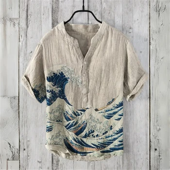 Men's short-sleeved POLO shirt imitation linen POLO shirt printed Kanagawa waves Japanese retro men's clothing