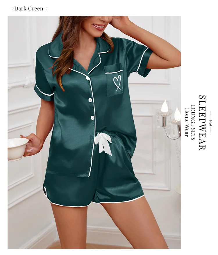 Damen-Pyjama-Lounge-Set, herzbestickte Tasche, gepatcht, Nachtwäsche, Button-Down-Kurzarm-Top und Shorts, Pyjama-Hauskleidung – Detail 9