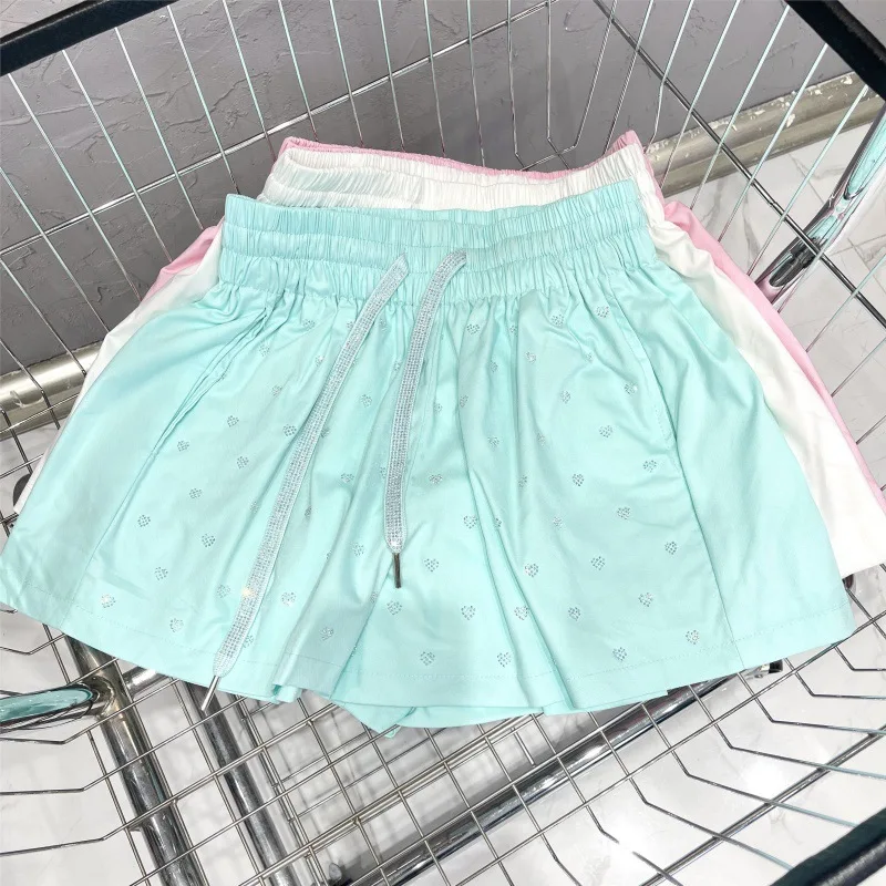 Hot Drilling Version Slimming Candy Color Casual Shorts Women's Elastic Waist Lace-up Wide Leg Shorts 2023 Summer Biker Shorts