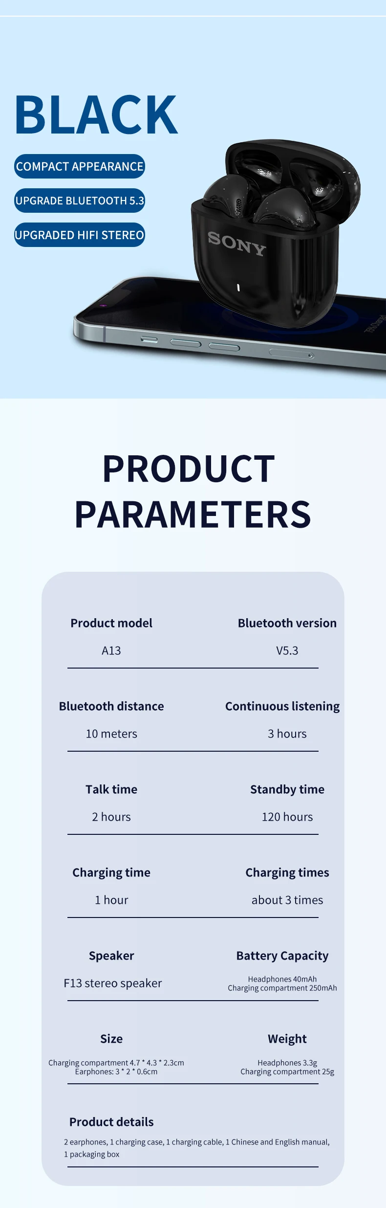 SONY A13 Bluetooth Headset HiFi Stereo Game Waterproof Earphone Wireless Bluetooth 5.3 Sport Earbuds Headphones