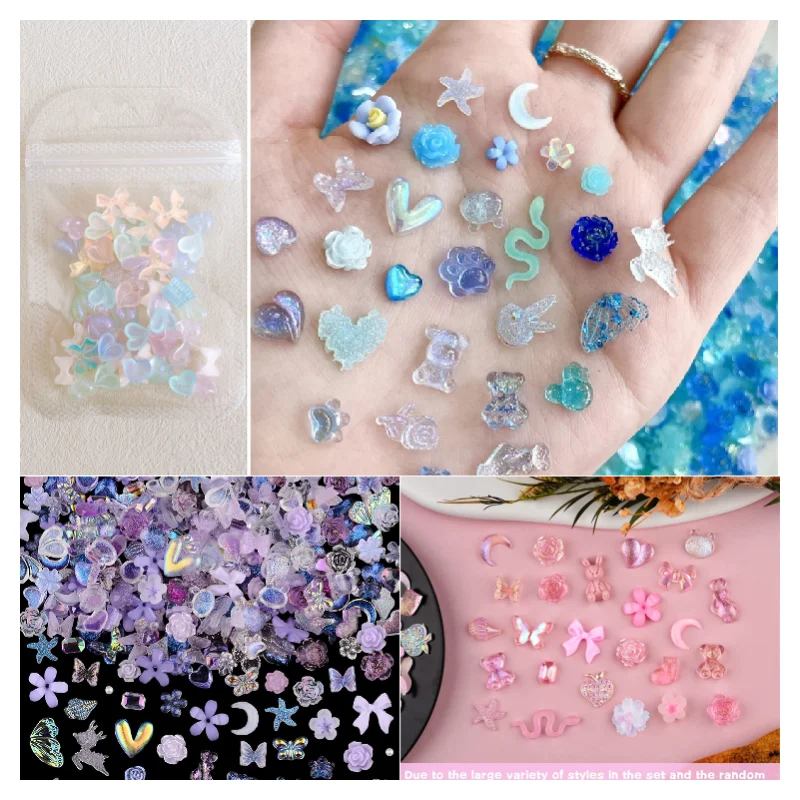 50pcs Bulk Nail Charms Aurora Resin Rhinestones Nail Art Decorations Cute Bow Bear Lollipop Kawaii Accessories For Manicure DIY