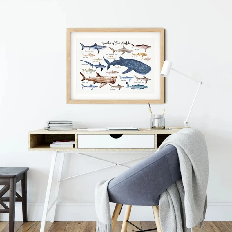 Marine Life Ocean Animals Canvas Art Poster - Whales, Sharks, and Turtles