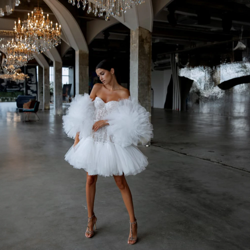 

Elegant Off the Shoulder Tiered Ruffles Prom Dress for Women Sequins Sparkly Pleated Short Puffy Evening Party Gown فساتين طويلة