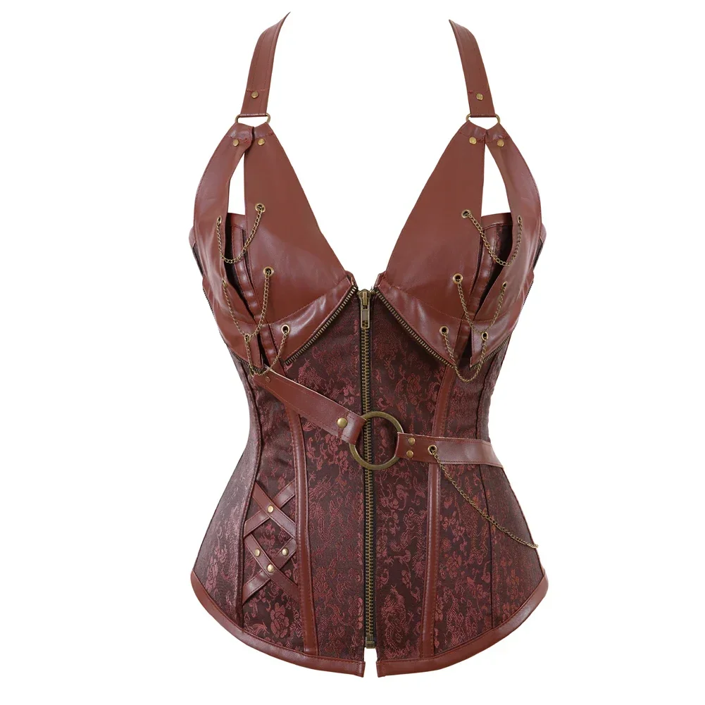 Leather Steampunk Halterneck Corset Bustier Black Pirate Corsets Zip Corsage Sexy Chain Dance Party Clubwear Costume Plus Size