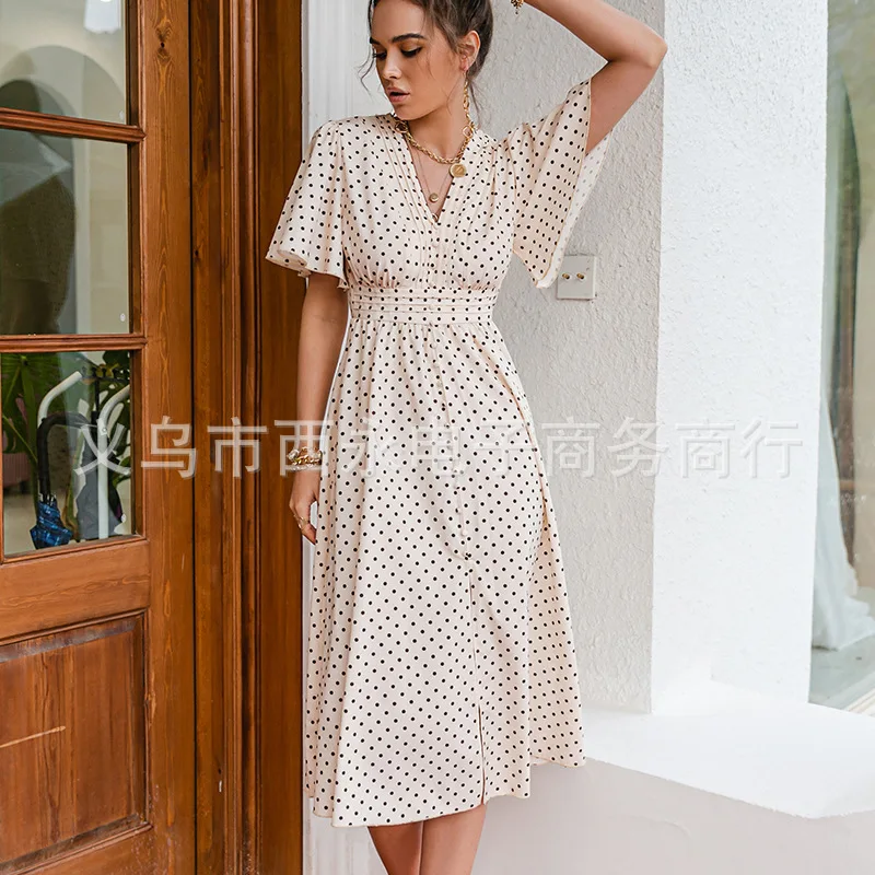 

SOURCE Women's Clothing Split Polka Dot V-neck Short-Sleeved A- line Dress 2022 Spring and Summer Elegant Dress