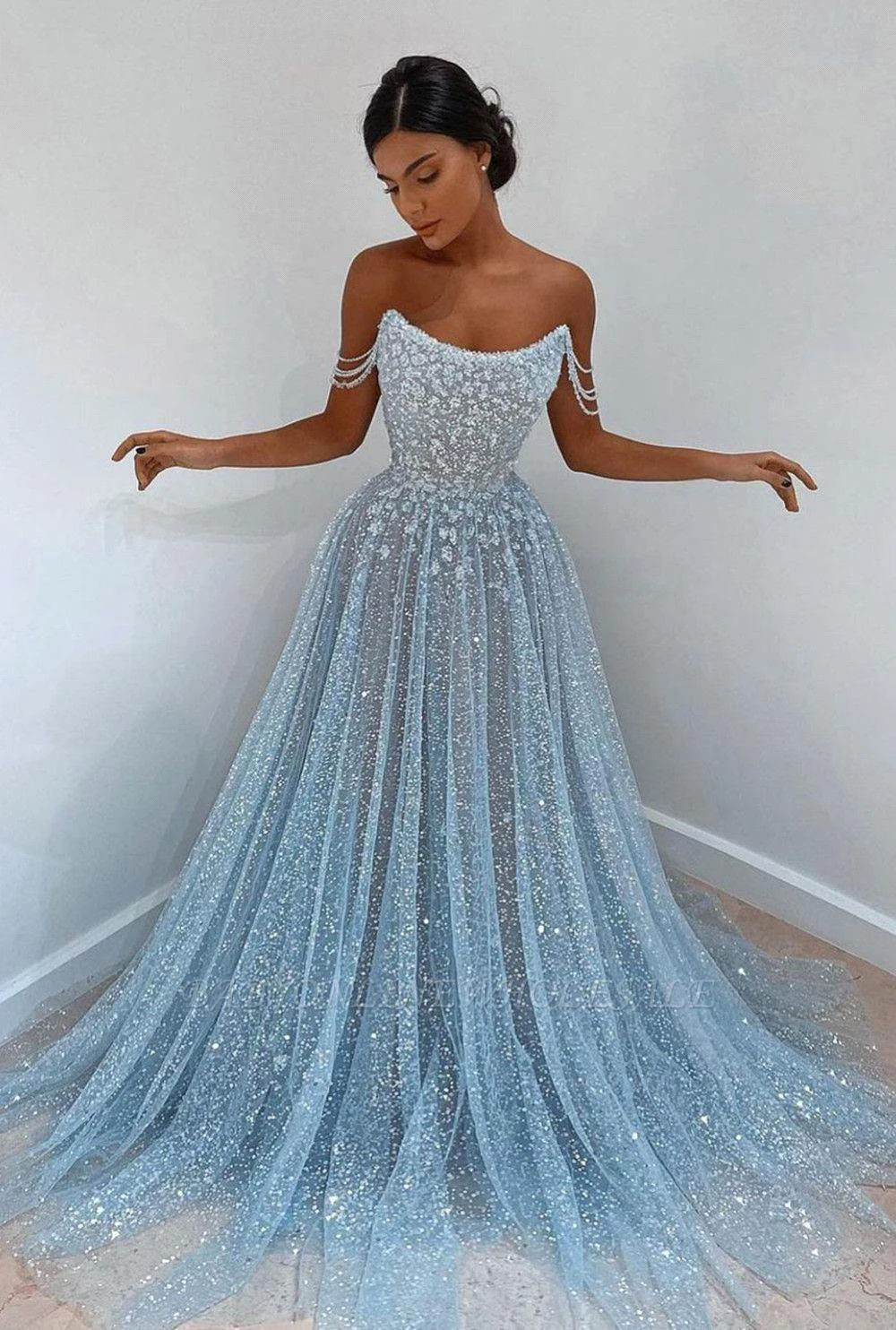 

Women Sparkly Sequined Elegant Evening Dress A Line Strapless Formal Occasion Wedding Party Prom Gown For Bride Vestido De Noiva