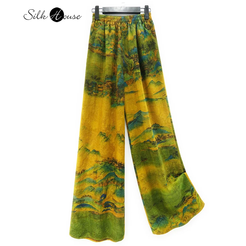 

2023 Fashionable New Women's Wear Silk Fragrant Cloud Gauze Flower Luo Long Pants High Waist Mid Length Casual Pants for Women