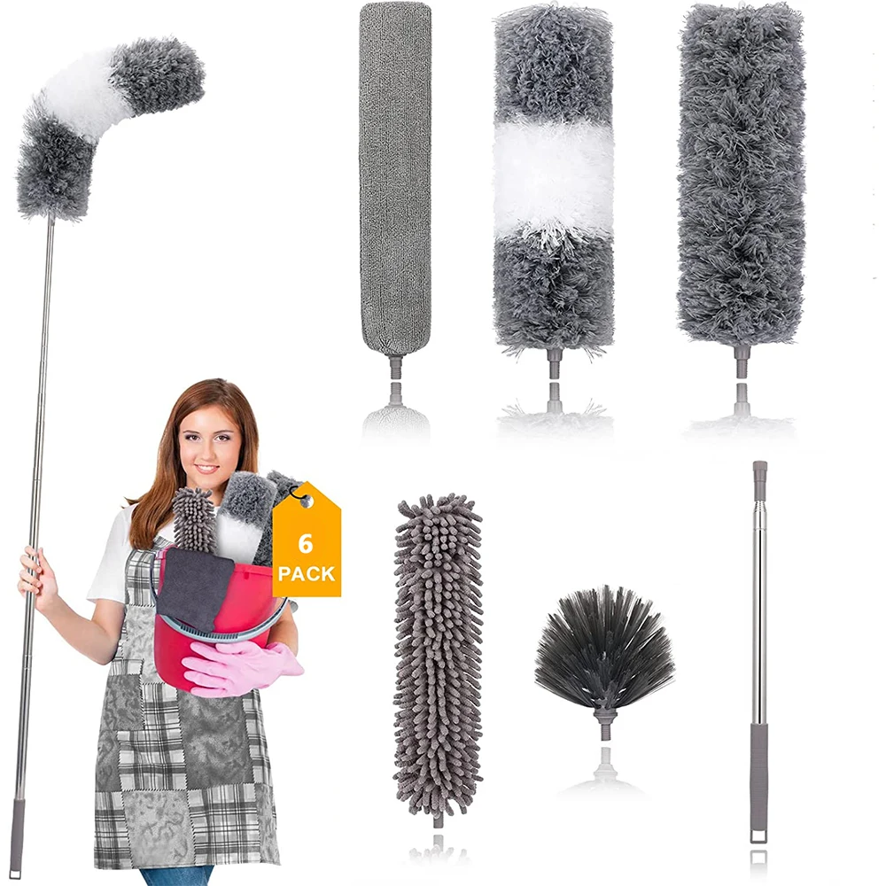 Microfiber Duster with Bendable Head Reusable Feather Duster Extra Long Handle Extension for Ceiling Fan High House Cleaning Kit