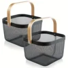 2 Pack Square Metal Mesh Fruit Basket, Portable Metal Picnic Baskets with Wood Handle, Mesh Storage Organizer Basket 1