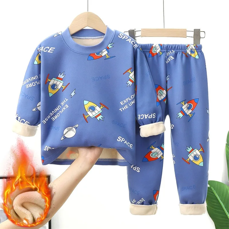 

2PCS Kids Boys Girls Thick Warm Pajamas Set Autumn Winter Cartoon Long Sleeve Round Neck Pyjamas Toddler Sleepwear Clothing Sets