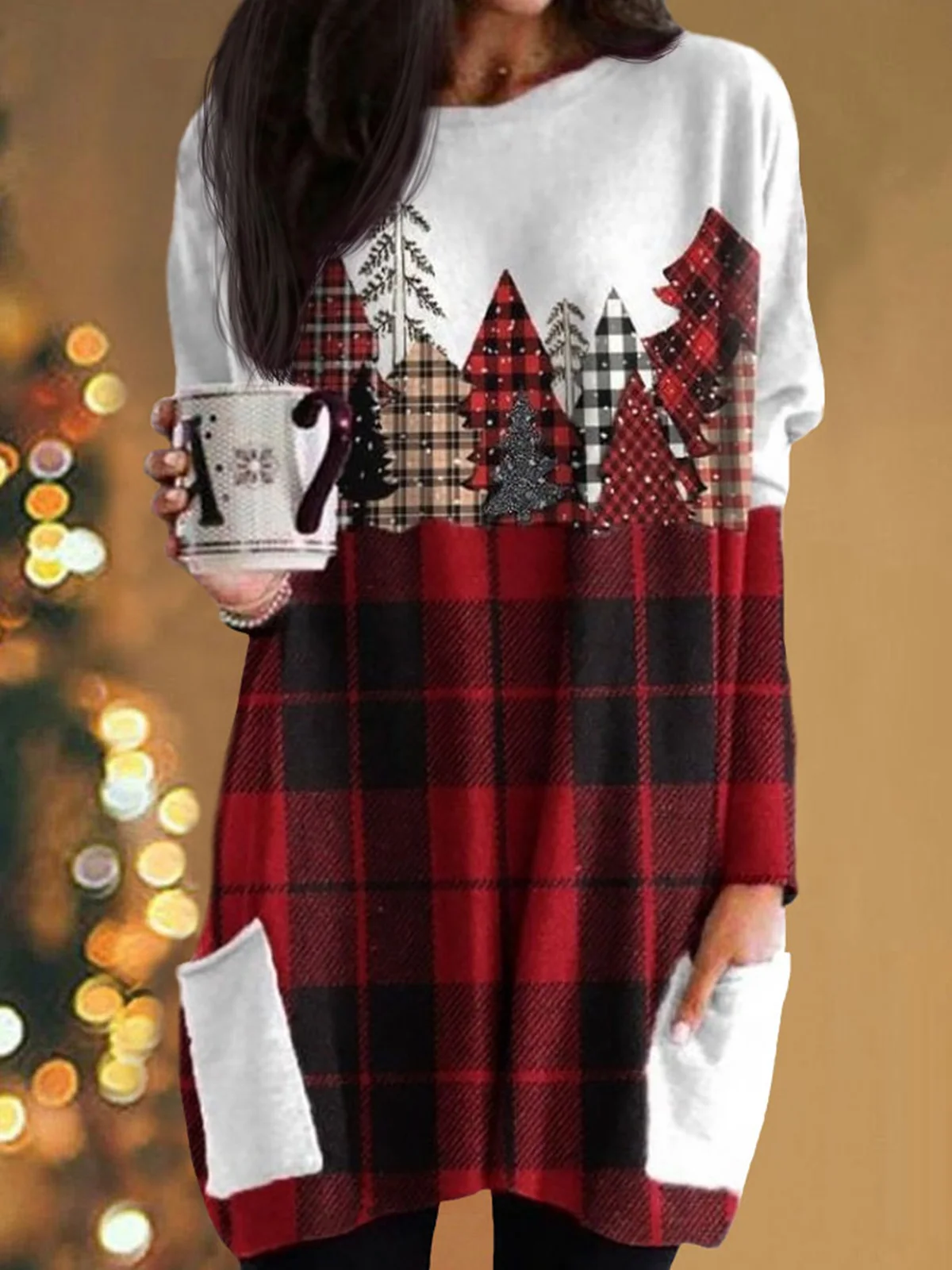 

2023 Autumn Winter Christmas Tree Plaid Long Sleeve Mini Dress party Streetwear Pullover Outdoor Leisure femme Skirt For Women