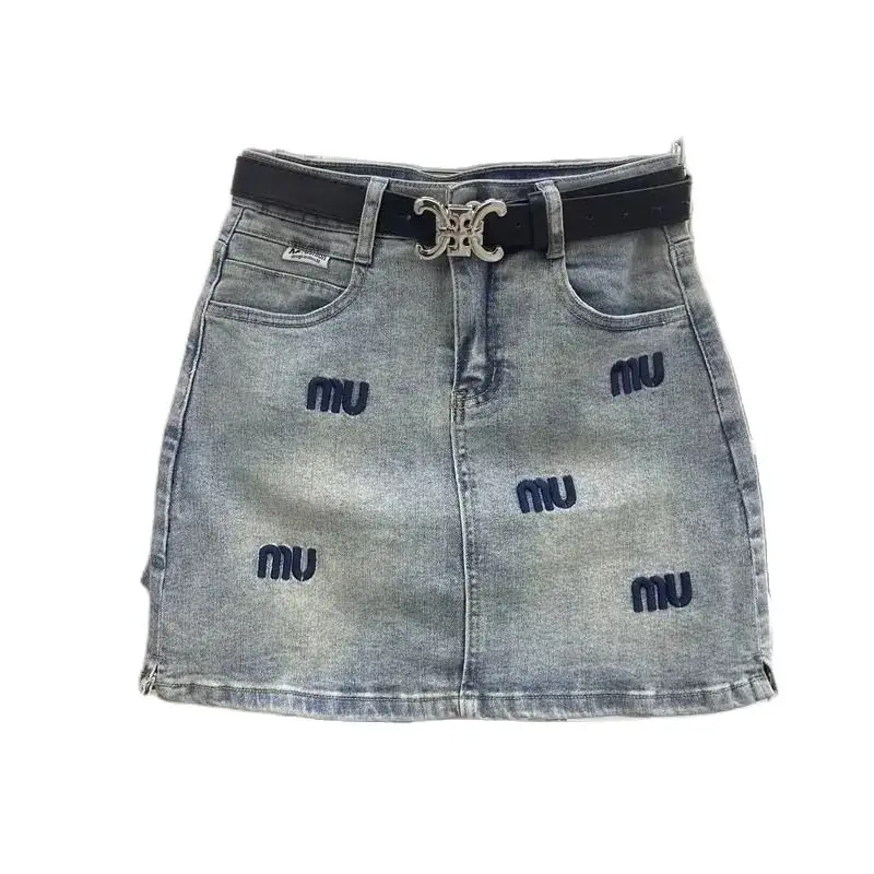 

y2k Mini Skirt For Women Clothing 2024 Summer New Korean Letter Embroidery Slim Denim Wrap Hip Short Skirts Girls Cowboy Skirt