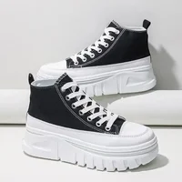 Women's Casual Height Increased Shoes Solid Color Versatile Canvas Shoes High Top Lace Up Flats Comfortable Breathable Female 1