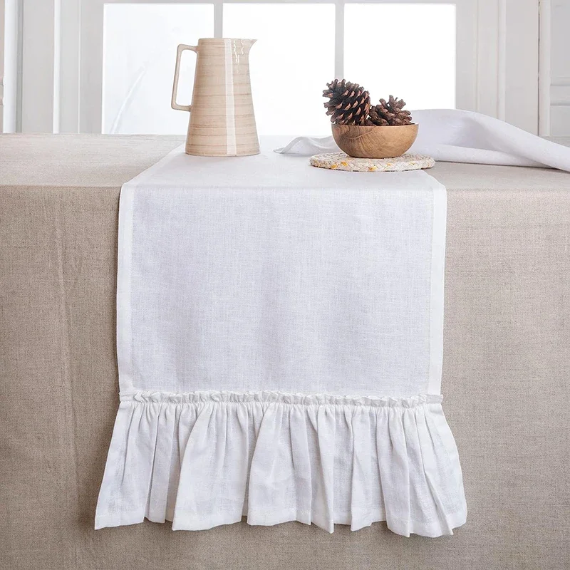 100% Cotton Ruffle White Table Runners for Rustic Wedding Decoration Baby Shower Birthday Party Living Room Kitchen Dinner Decor 2