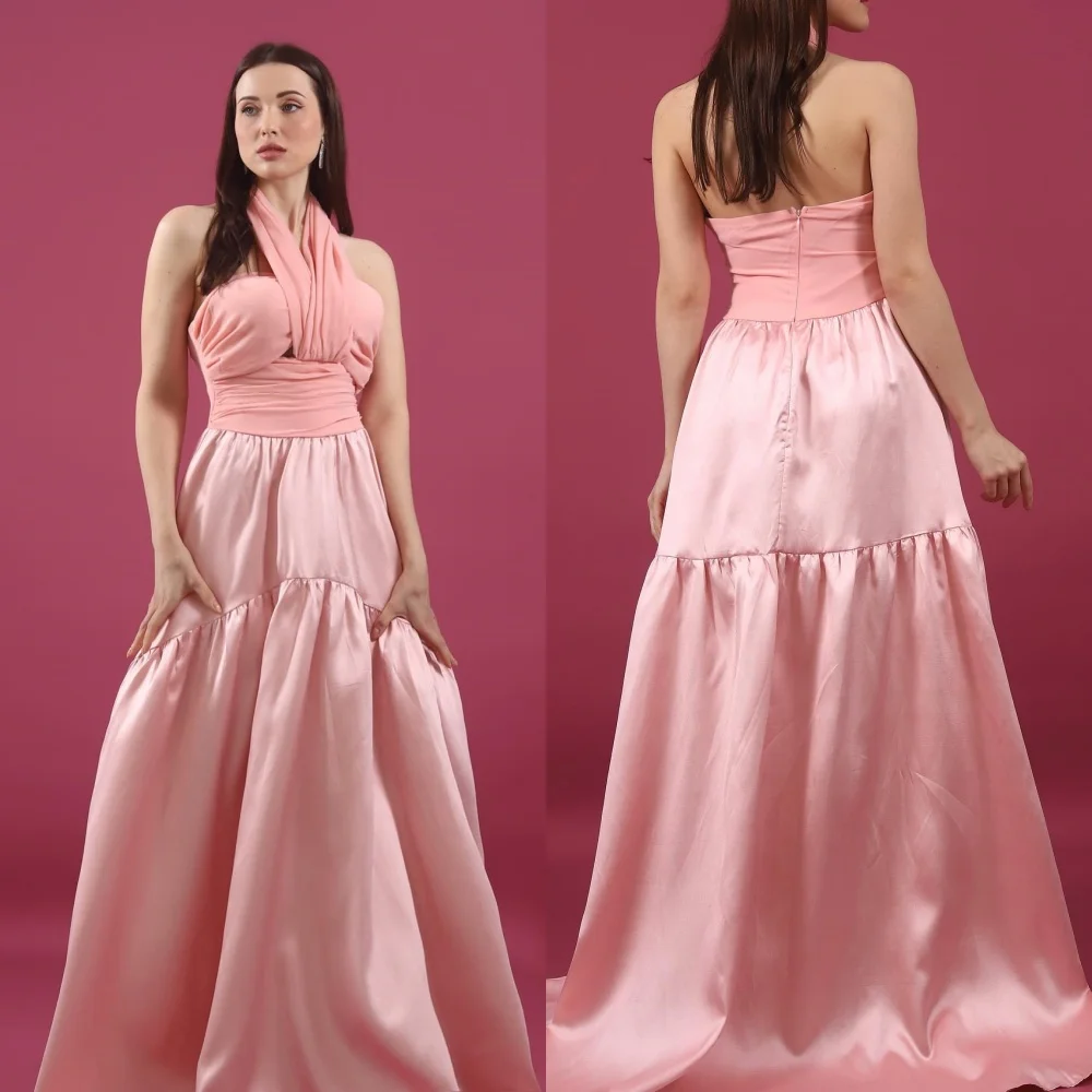 Jiayigong  Satin Draped Pleat Valentine's Day A-line Halter Bespoke Occasion Gown Long Dresses Saudi Arabia