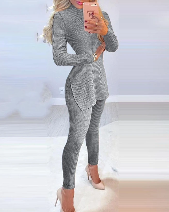 Women's Two-piece pants set 2024 Autumn Round Neck Long Sleeve Slit High Neck Knit pullover skinny pencil pants Pajamas Set