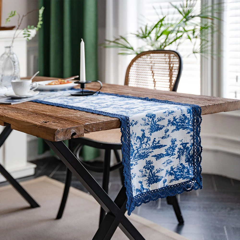 

Lace Blue Plum Printing Table Runner Home Pastoral Tea Coffee Dinning Table Party Decoration Table Runner Placemat Table Cover