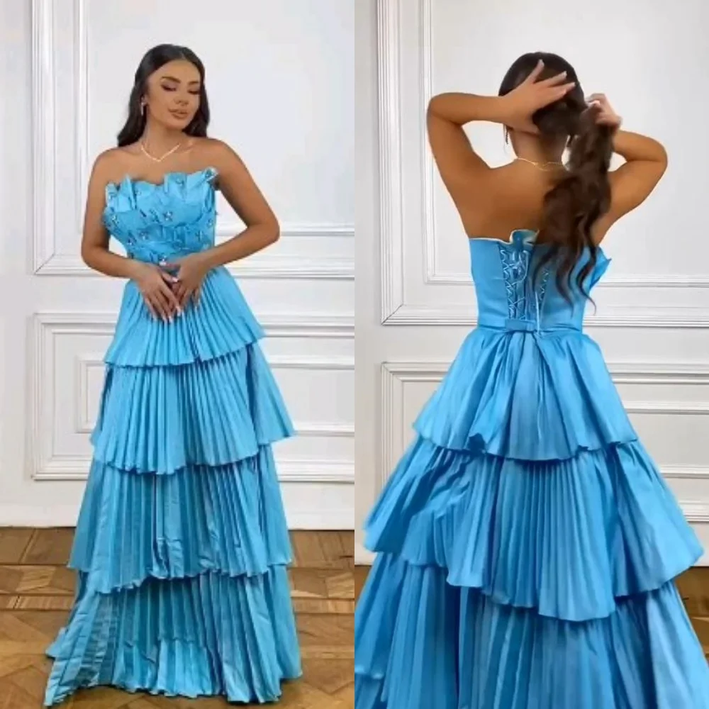 

Ball Dress Saudi Arabia Evening Satin Draped Tiered Ruched Wedding Party A-line Strapless Bespoke Occasion Gown Long Dresses