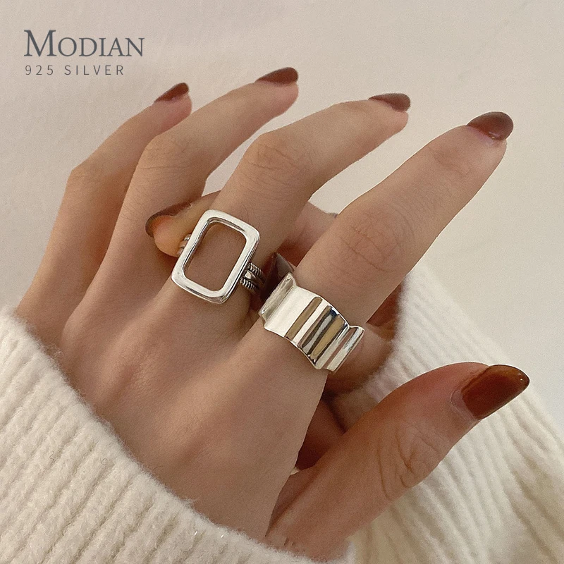 Modian 925 Sterling Silver Fashion Hollow Out Square Stackable Adjustable Finger Rings For Women Anniversary Fine Jewelry Gifts