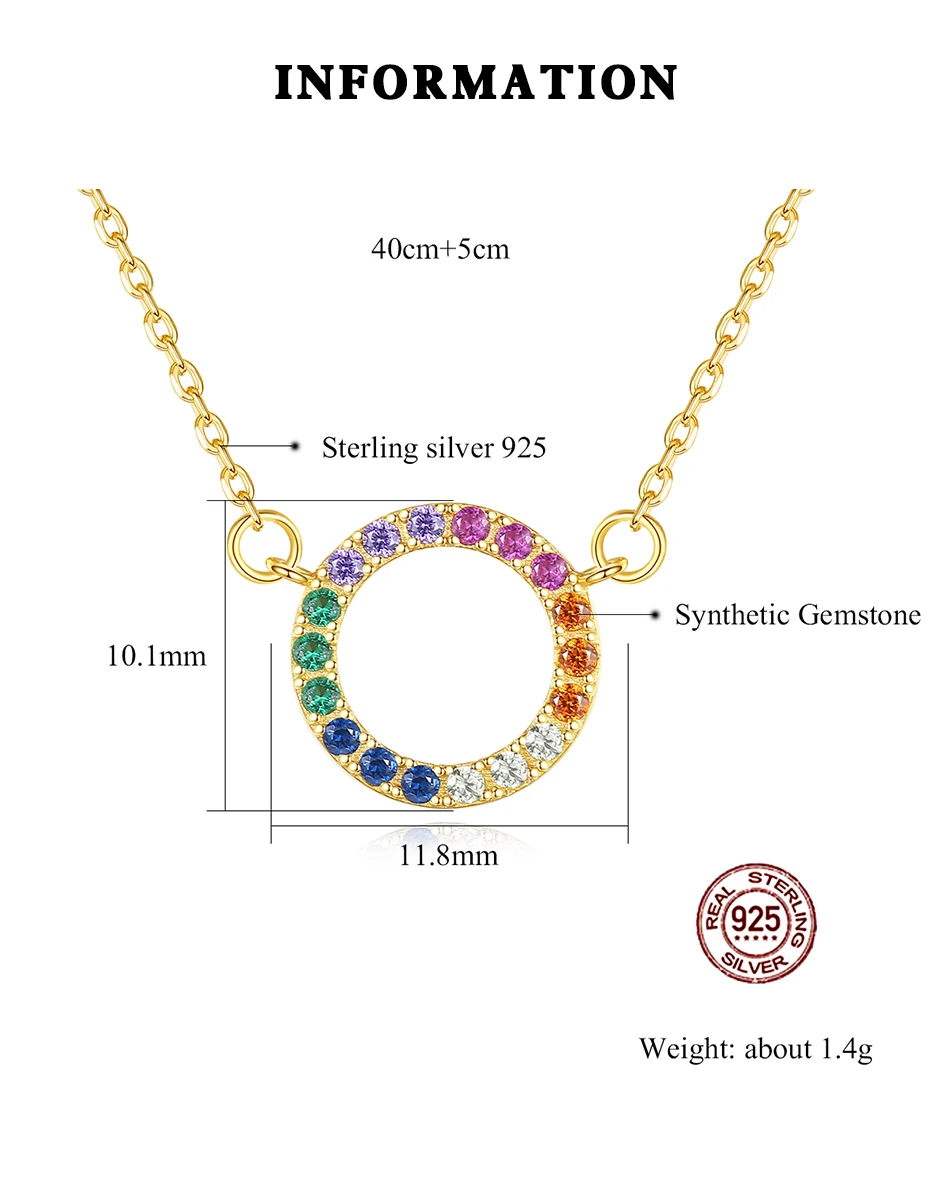 Multicolor Zirkon Sterling Silber Kreis Anhänger Regenbogen Zirkonia Frauen Halskette Mädchen_voghion.com