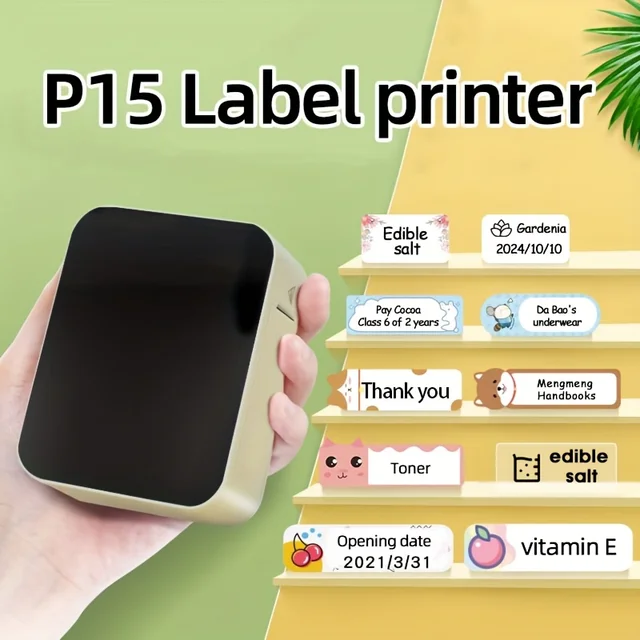 Mini impresora térmica de etiquetas P15, impresora de etiquetas inalámbrica portátil con capacidad de carga USB y un rollo de etiquetas blancas de 12x40mm