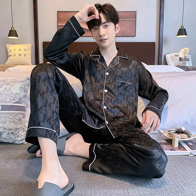 Men Ice Silk Pajamas Spring Autumn Male Long-Sleeved Cardigan High-End Loose Homewear Suit Casual Large Size Nightclothes 2024