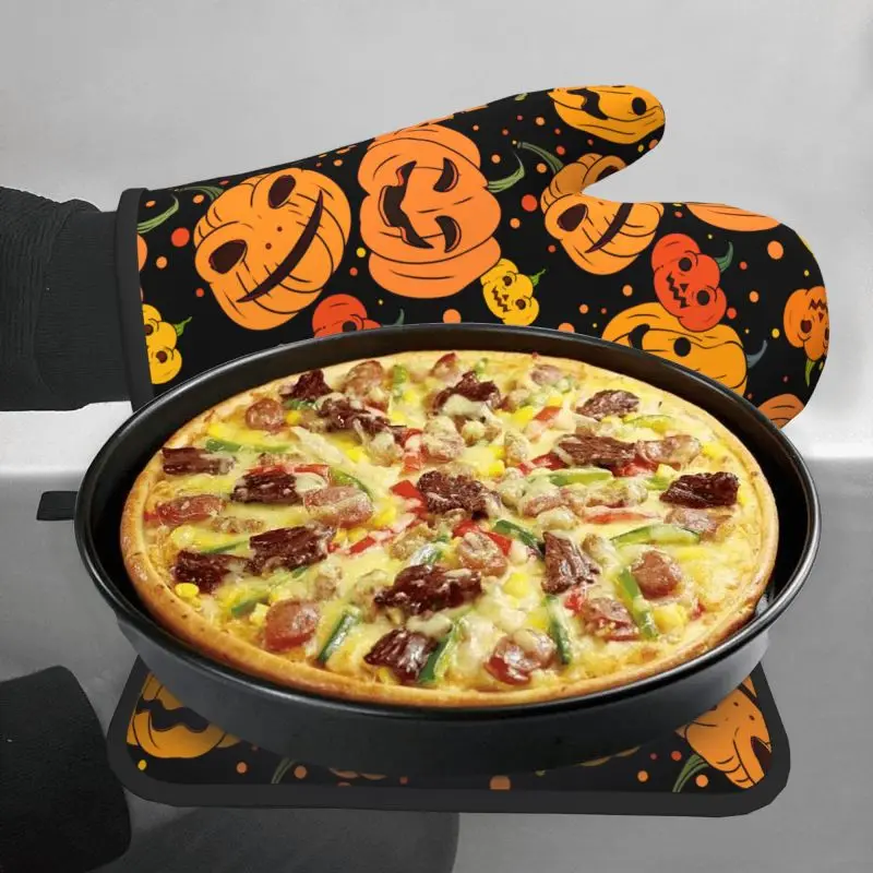 Halloween Pumpkin Oven Mitts and Pot Holders Sets Heat Resistant for Baking BBQ Cooking Holiday Decor