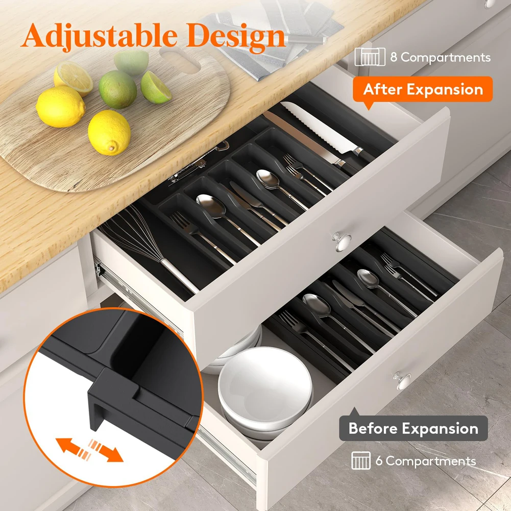 8 Grids Adjustable Kitchen Storage Organizer Tray – Plastic Multifunctional Drawer Organizer for Kitchen Counter Utensils