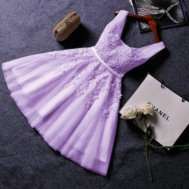 Vestidos de Fiesta Cortos de perlas de encaje con apliques a medida, vestido de graduación sin mangas, lila, púrpura, hasta la rodilla, vestido de invitados de boda _ - AliExpress Mobile