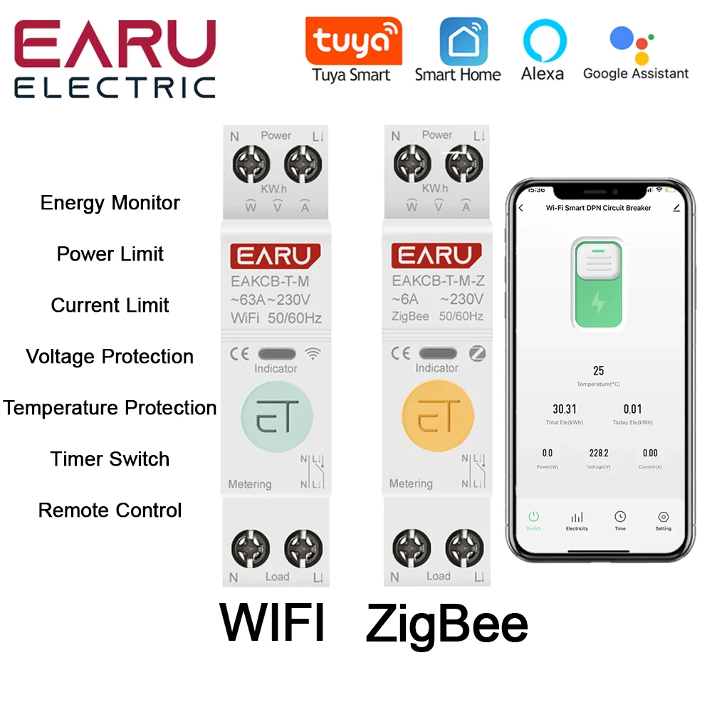 Tuya WiFi Zigbee Smart Circuit Breaker MCB 1P + N 63A Power Energy kWh Voltage Current Meter Protector Voice Remote Control Switch