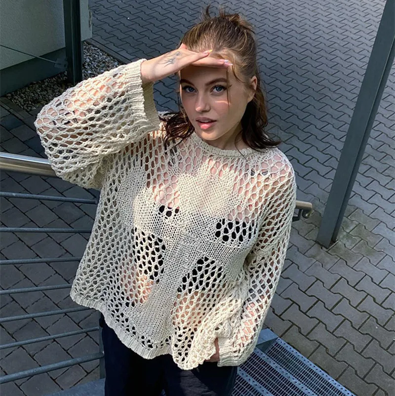 

Pullovers Women Round Neck Tops Full Sleeve Knitted Top Loose Casual Spring Beach Hollow Out Sexy Y2k Streetwear 2024 Summer