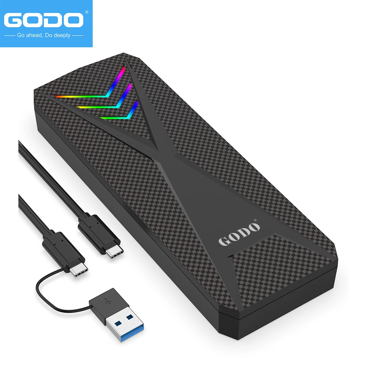 GODO RGB M.2 PCIe NVMe SSD External Enclosure Portable USB C to M.2 Nvme Sata Adapter Tool Free 10Gbps USB C 3.1 external hard drive case ssd enclosure hard drive enclosure hard disk case external hard drive box hdd case enclosure hard drive adapter ssd adapter