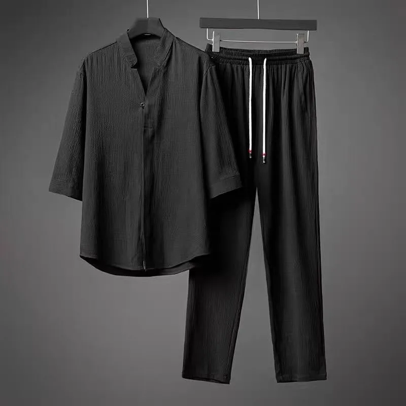 

Leisure Solid Color Men's Two Piece Sets Solid Color Loose Stand Collar Button Half Sleeve Tops and Pants Men Suits Leisure Set