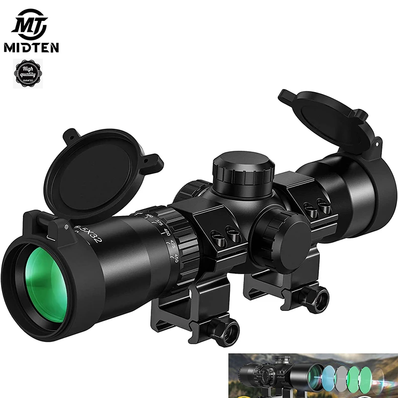MidTen 1.5-5x32 Crossbow Scope 20-100 Yards Ballistic Reticle 300-450 FPS Red Green Illuminated Optic Hunting