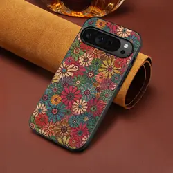 Luxury Flower Design Cork Fabric Phone Case with Synthetic PU Leather Soft Cover for Pixel9A (Spring green)