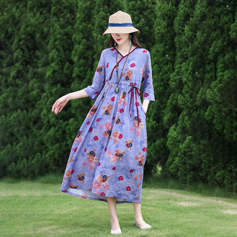 

2023 New Dress Vintage Cotton Linen V-neck Loose Drawcord For A On Vacation Free Shipping
