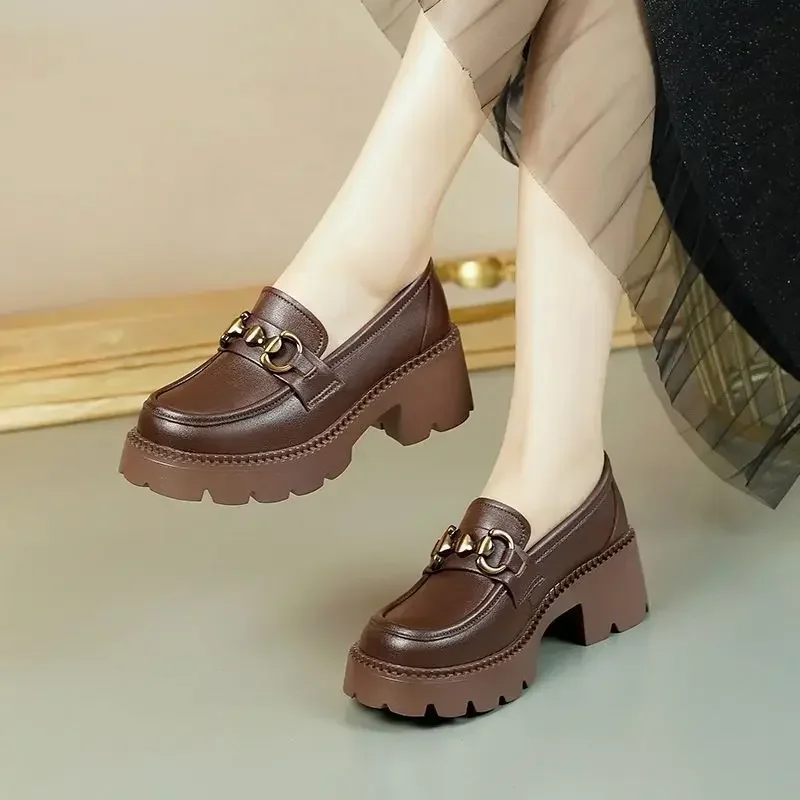 2025 Spring Women Leather Shoes British Style Soft Leather Versatile Thick Bottom Loafers Female Slip-on Round Toe Single Shoes 3