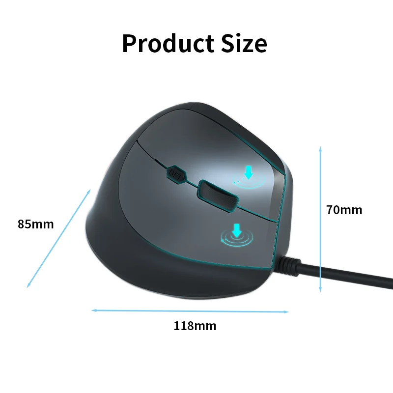 Pulsante muto per mouse verticale cablato 3600 DPI regolabile con tasti laterali Design ergonomico Uso ufficio Mouse per computer Plug and Play - immagine 6